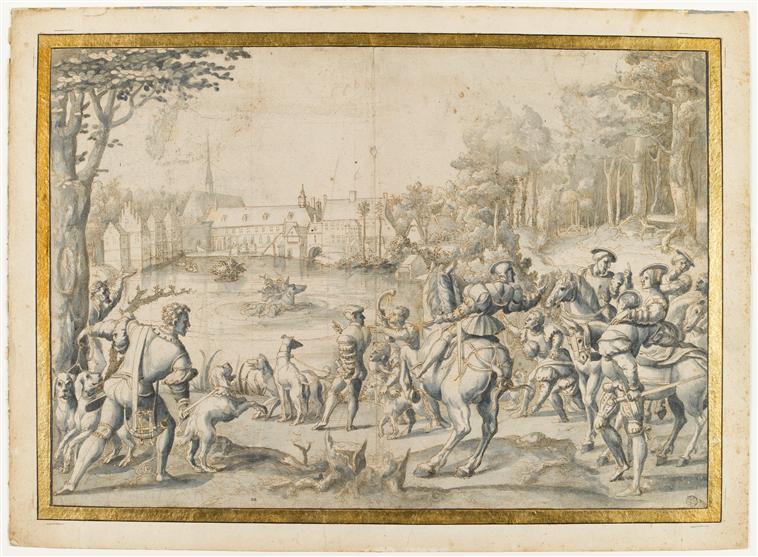 A tapestry design 'Allegory of September: deer hunting, the boat' from the series 'The Hunting of Maximilian' called 'Beautiful hunts of Guise', cr. 1530, after Bernard van Orley, Brussels, Flanders