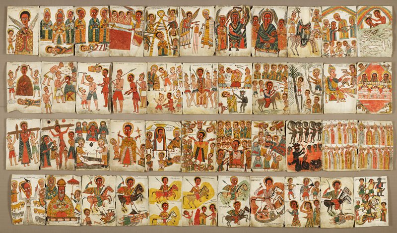 Ensemble of 44 leaves featuring Ethiopian saints and scenes from the Hebrew Scriptures and New Testament including 9 saints on rearing horses, painting on parchment, late 17th century