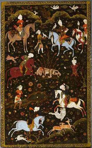Book cover showing courtly hunting scene, cr. 1560-88, Khorasan, Persia