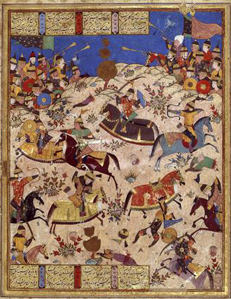 Battle between Manuchehre and Turanians, illustration of the Book of Kings by Ferdawsi, cr. 1567, Shiraz, Persia