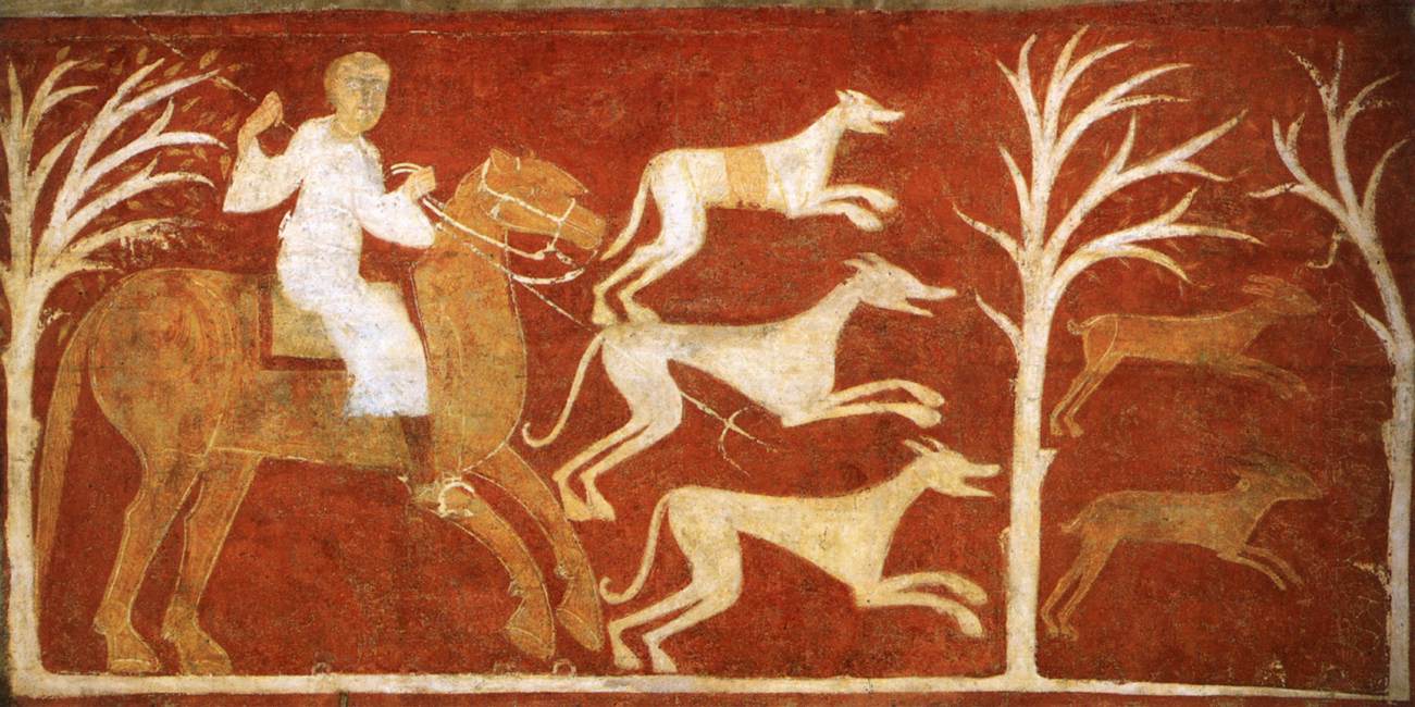Hunt of the Hare, fresco painting on mural transferred to canvas, cr. 1125, Hermitage of San Baudelio, Casillas de Berlanga, Soria, Spain