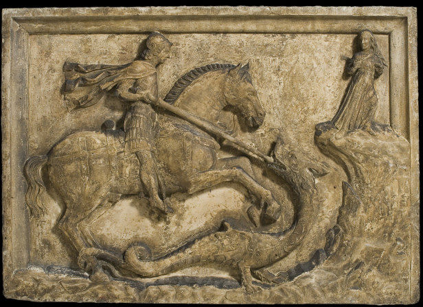 Saint George and the Dragon with two armorial reliefs, cr. 1500, Venice