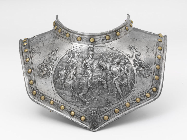 Gorget (armoured collar), front plate shows an officer on a rearing horse with a baton addressing a troop of pikemen, 1600-25, Paris, France