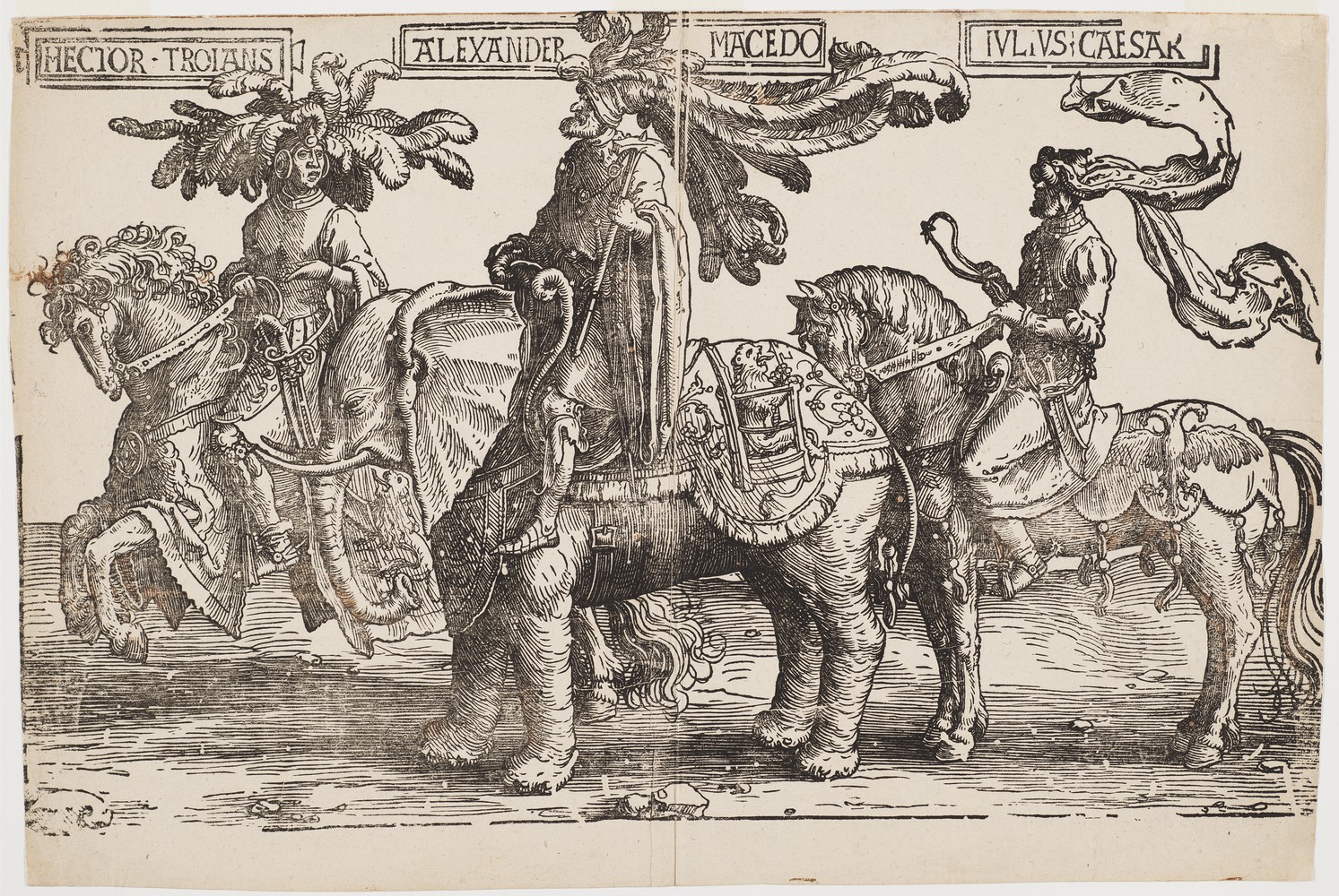 Hector of Troy, Alexander of Macedon, Julius Caesar (the pagan heroes on horseback), cr. 1520, Lucas van Leyden, Amsterdam, Netherlands