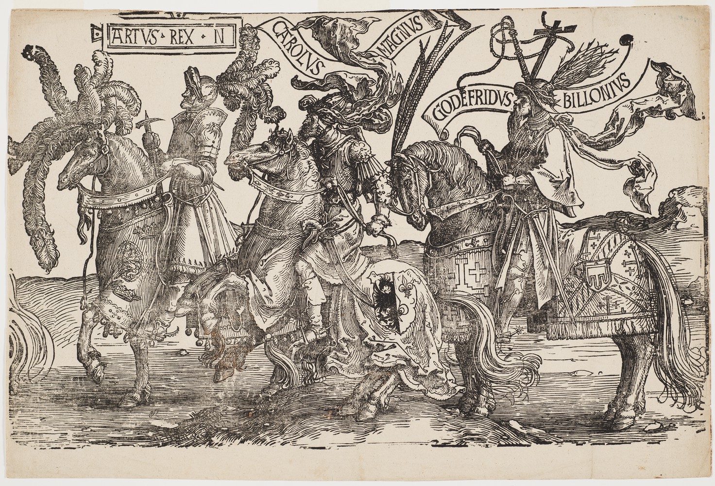 Arthus, Charles the Great (Charlemagne), Godfrey of Bouillon (the Christian heroes on horseback), cr. 1520, Lucas van Leyden, Amsterdam, Netherlands