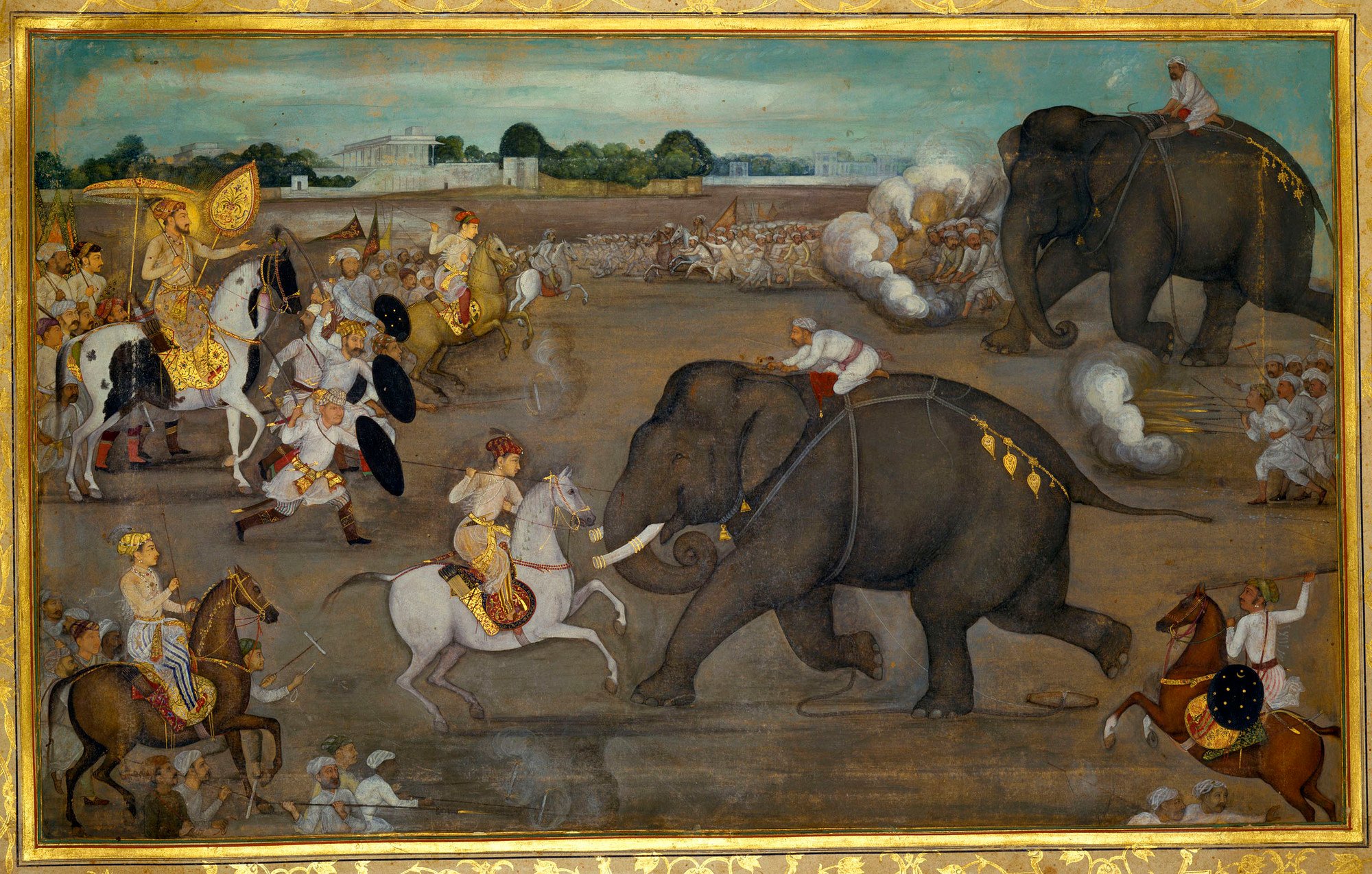 Prince Awrangzeb facing a maddened elephant named Sudhakar (7 June 1633), Padshahnamah, cr. 1635 - 1640, Mughal school