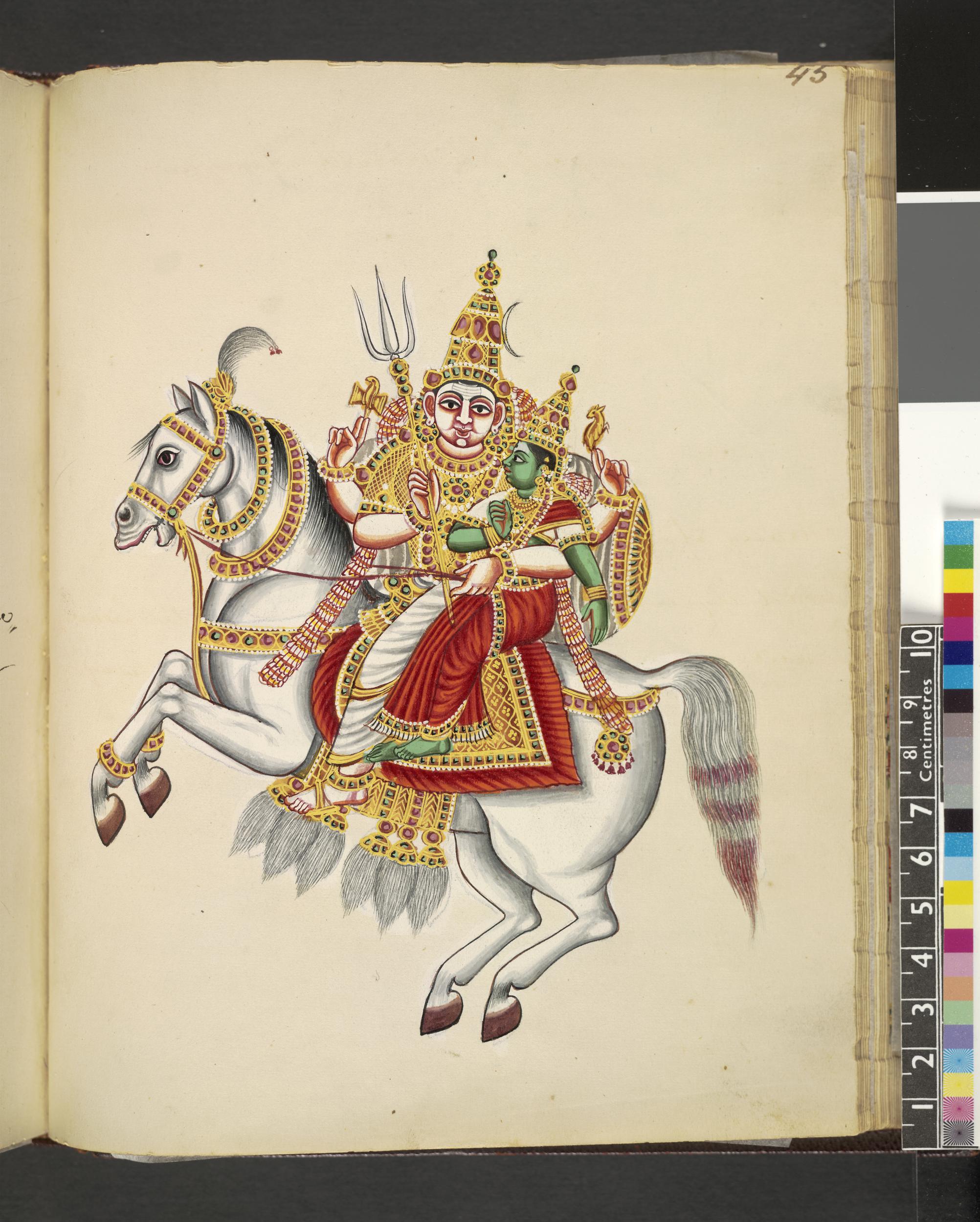 Khanderao (also known as Khandoba) and his consort Mhalsa riding a white horse, cr. 1830, Tiruchirapalli, Tamil Nadu, India