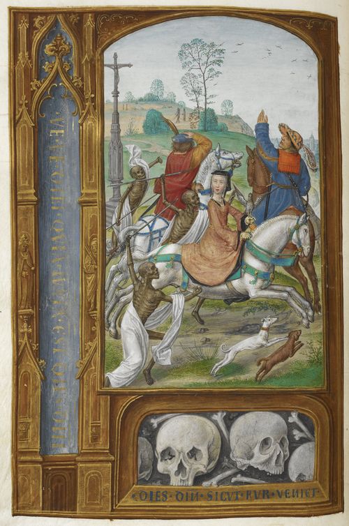 Detail of a miniature of the Three Living and the Three Dead at the beginning of the Office of the Dead, cr. 1500, the Hours of Joanna I of Castile, Ghent?, Southern Netherlands