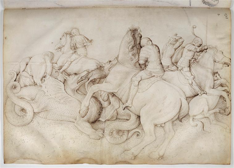 Fight between five horseman and the dragons, Jacopo Bellini, Louvre 75r