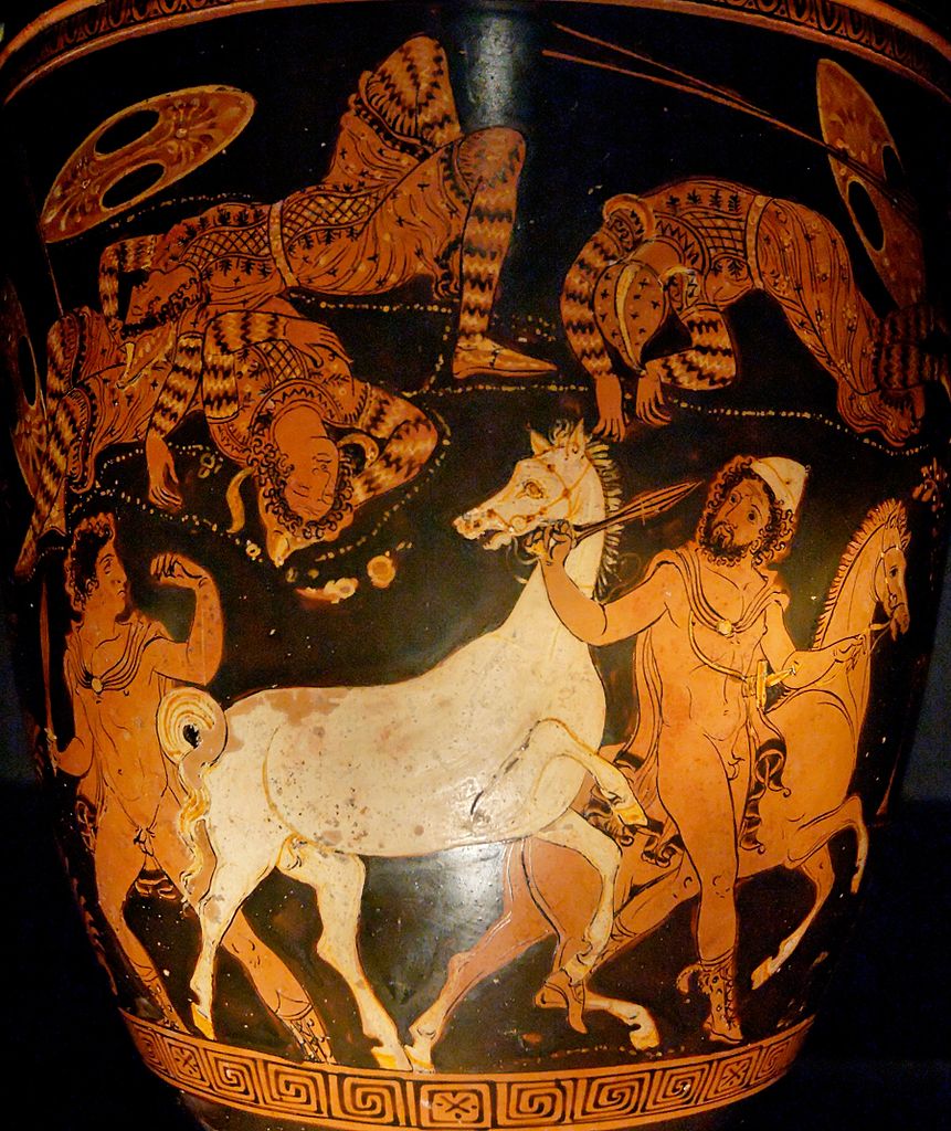 Situla with Odysseus (wearing the pilos hat) and Diomedes stealing the horses of Thracian king Rhesus they have just killed, 360 BC, Apulia