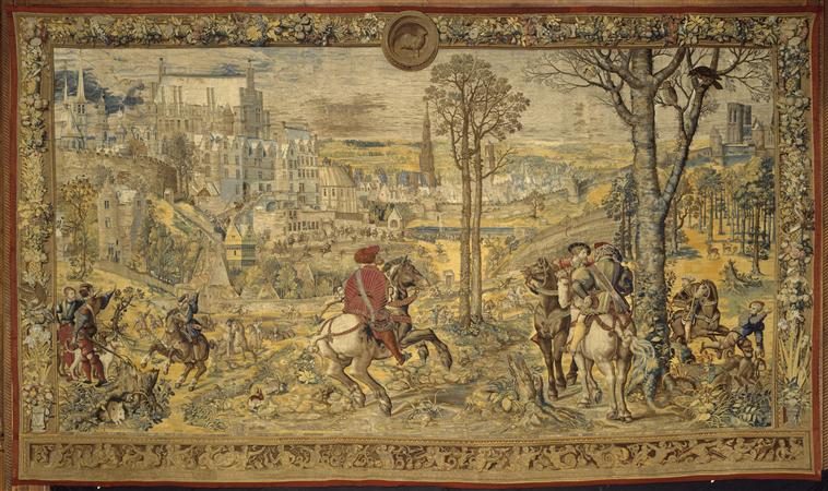 A tapestry 'The month of March, aries: the departure for bird hunting' from the series 'The Hunting of Maximilian' called 'Beautiful hunts of Guise', cr. 1530, after Bernard van Orley, Brussels, Flanders