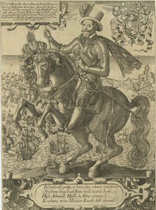 The Right Honorable Charles Howarde Earle of Notingham, mounted on a prancing horse, with a view of the Spanish Armada and the 1596 Battle of Cadiz in the background, 1596-1603, probably 1599, Thomas Cockson