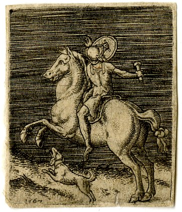 A horsemen in antique dress holding a shield in his left hand, with a dog, 1567, Abraham de Bruyn, Flanders
