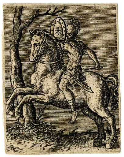 A horsemen in antique dress holding a shield in his left hand, with a club in his right hand, 1568, Abraham de Bruyn, Flanders