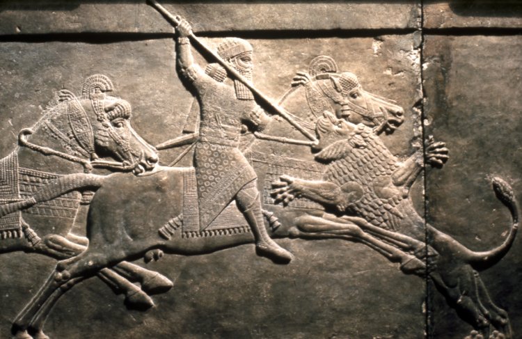King Ashurbanipal killing a lion, 645-35 BC, Neo-Assyrian (Iraq)