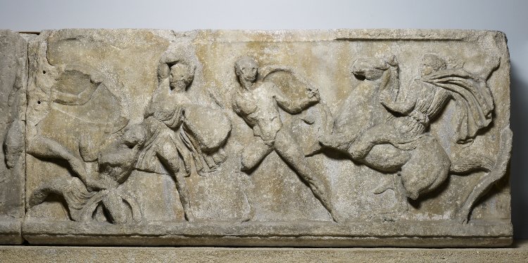 Detail of the Amazon Frieze of the Mausoleum at Halicarnassus, cr. 350 BC, Pytheos (?), classical Greek, Halicarnassus (present Bodrum, Turkey)