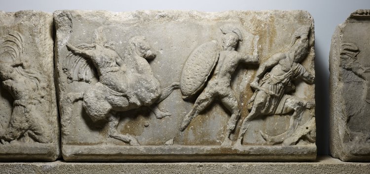 Detail of the Amazon Frieze of the Mausoleum at Halicarnassus, cr. 350 BC, Pytheos (?), classical Greek, Halicarnassus (present Bodrum, Turkey)