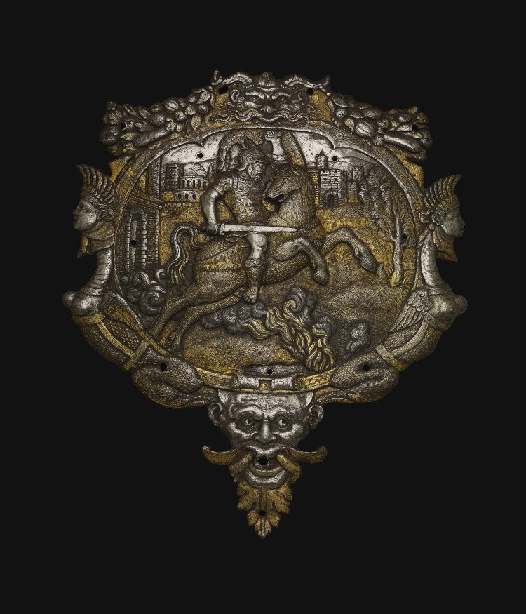 Panel of embossed iron showing Marcus Curtius leaping into the chasm, cr. 1570, Antwerp, Belgium