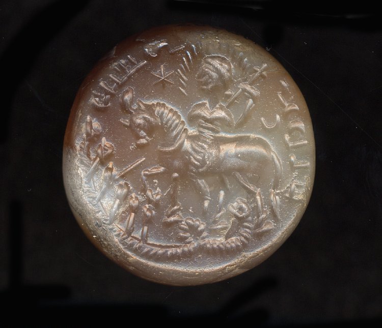 Stamp-seal showing a rider with a halo who attacks hydra, possibly with a lance, 5th century or later, Sasanian