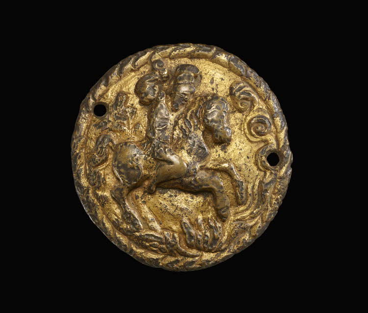 A hat badge with the figure of Marcus Curtius leaping into the chasm, 16th century, Italy