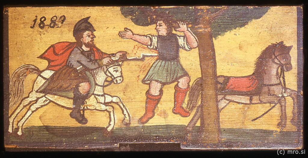 Death of Absalom (painted hive ending), 1889, peasant folk culture, Slovenia