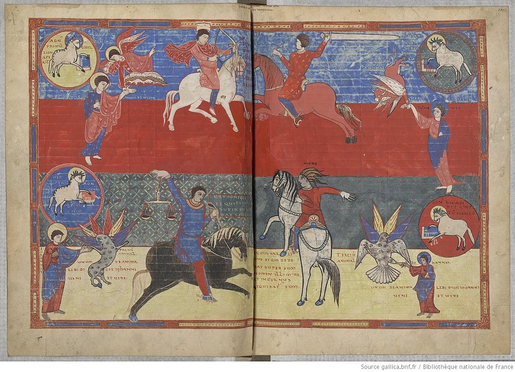 Four Horsemen of the Apocalypse, illustration of the Apocalypse of Saint-Sever, 11th century, French
