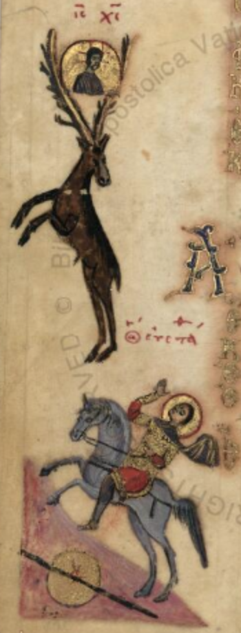 Vision of Saint Eustathius, illustration of 'Barberini psalter', 11th century, Constantinople (?), Byzantine Empire
