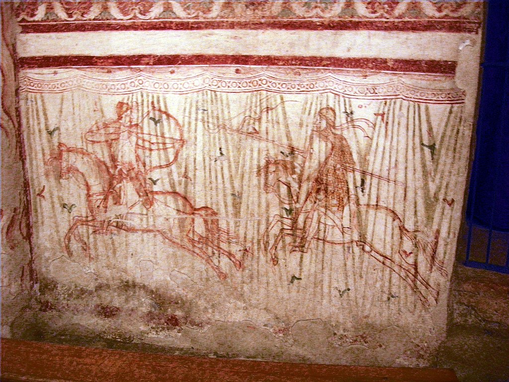 Clash between an Arab knight and a Christian knight during the Crusades, fresco, 12th century, Patriarchal Basilica of Santa Maria Assunta, Aquileia, Italy