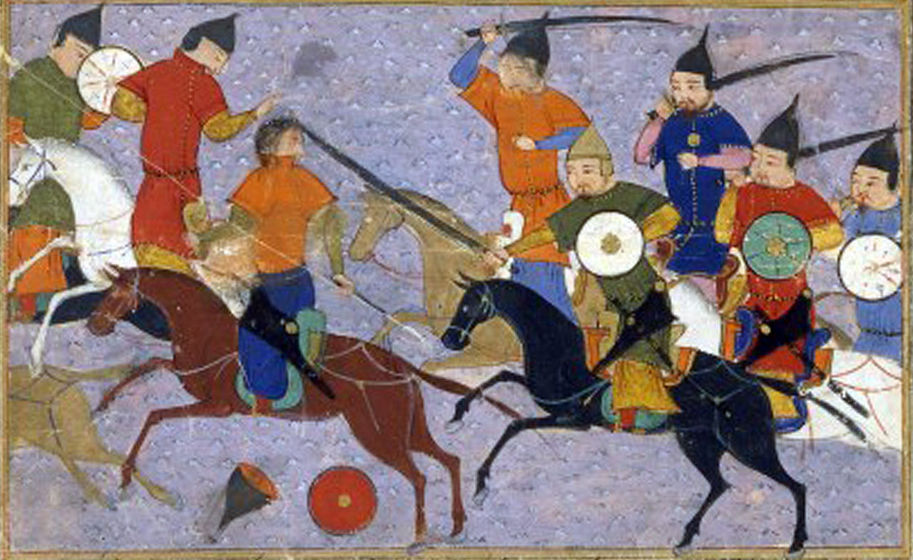 Battle between Chinese and Mongolian armies (1211), illustration of Jami' al-tawarikh, 1430, Sayf al-Vâhidî, Herat, Persia
