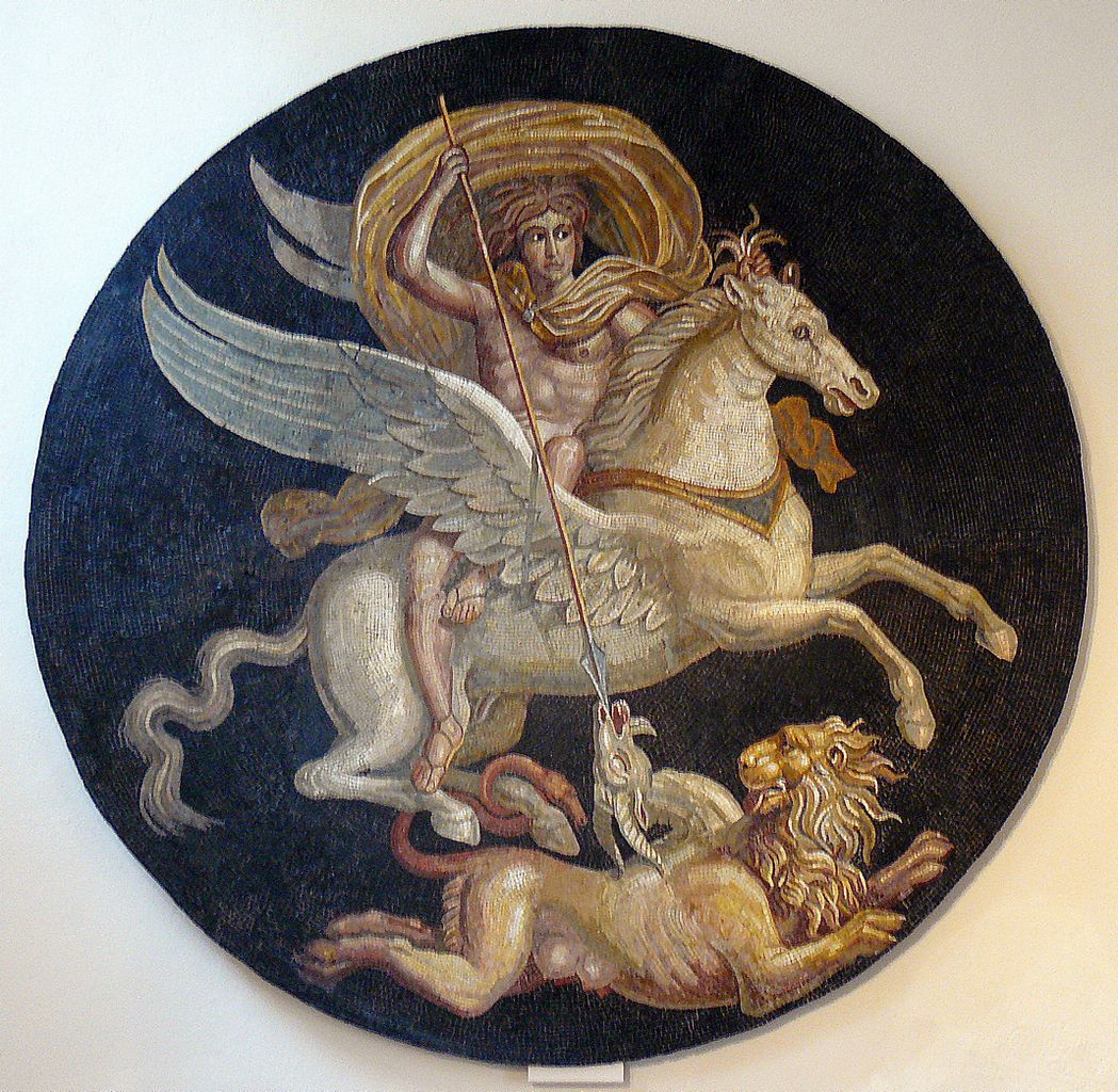 COMPARANDUM: Mosaic depicting Bellerophon on rearing Pegasus trampling Chimaera, 2nd half of 2nd century BC, Autun, France (Roman culture)