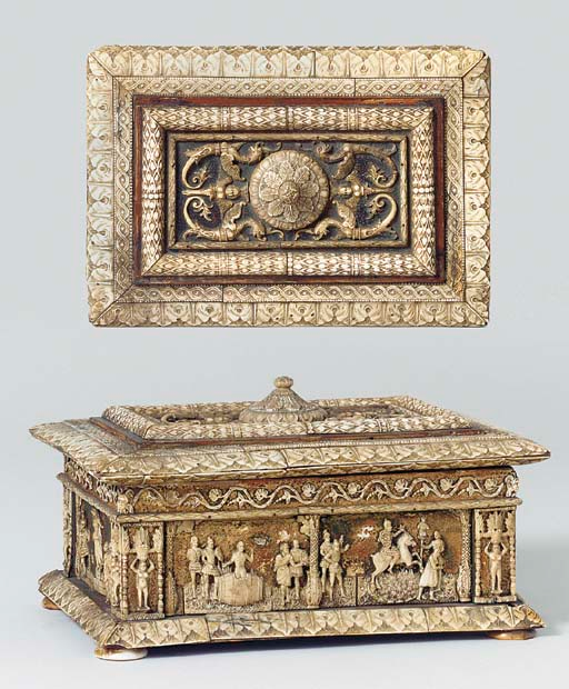 Wood and ivory casket carved with scenes including Marcus Curtius sacrifice, cr. 1500, Italy