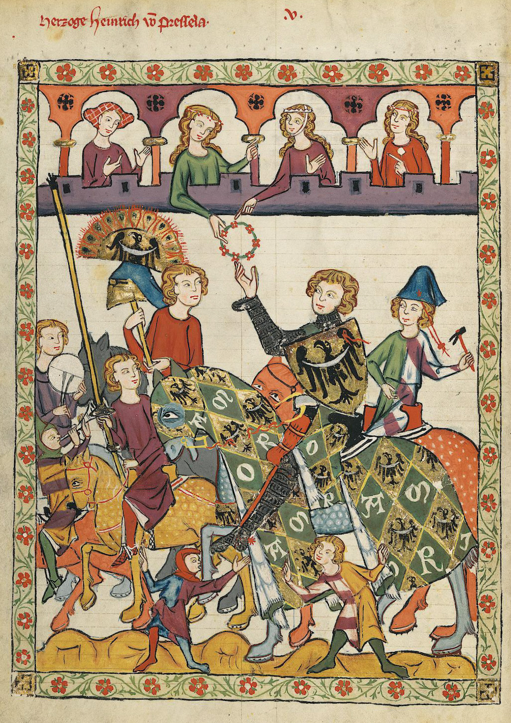 A knight receiving a lady's favour at a tournament, illustration of Codex Manesse, cr. 1304 or cr. 1340, Zürich, Switzerland