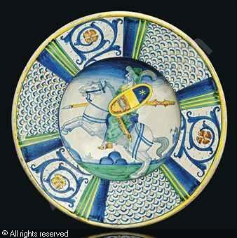 Plate depicting a Turk on horseback, cr. 1520-50, Deruta