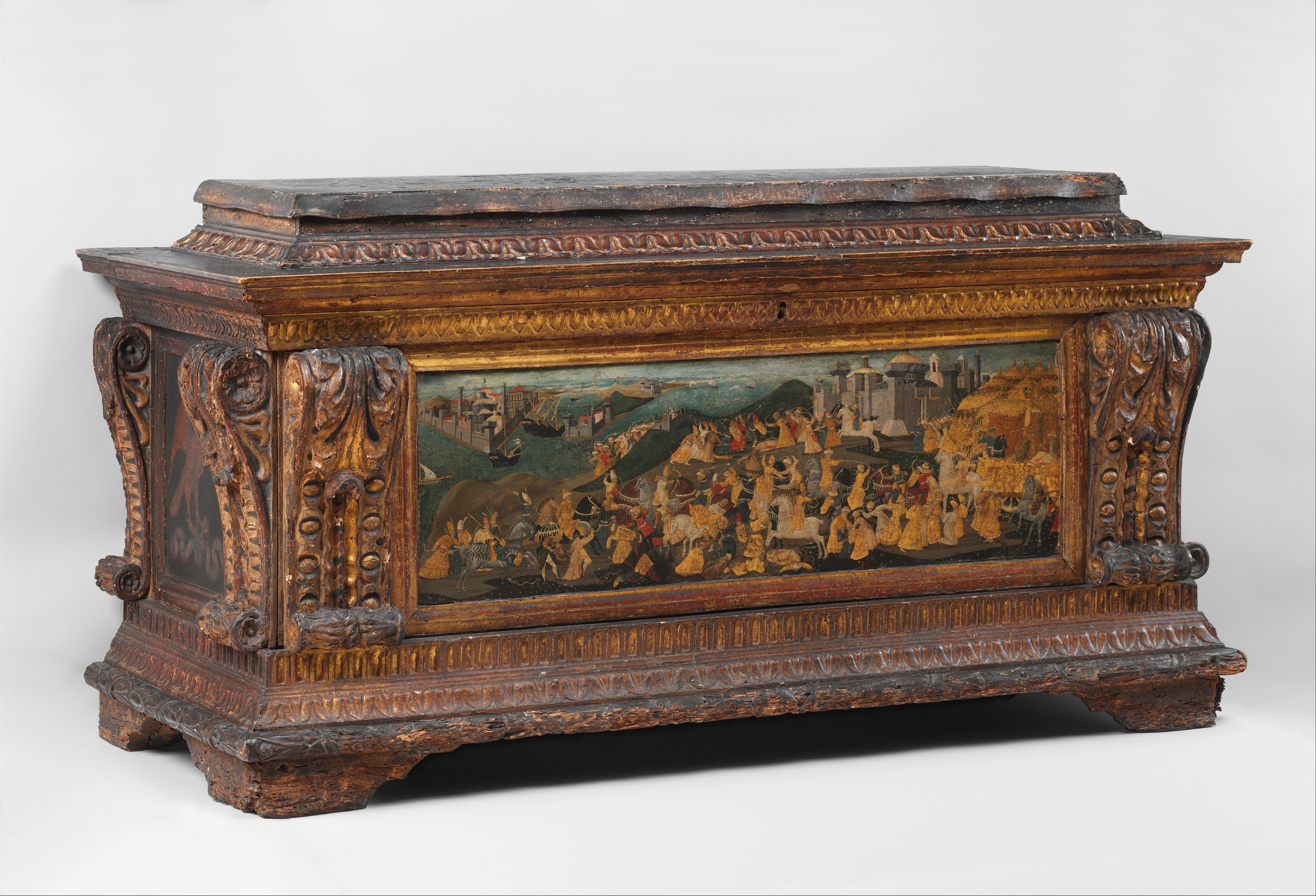 Cassone with painted front panel depicting the Conquest of Trebizond, cr. 1461-5, workshop of Apollonio di Giovanni di Tomaso, Florence, Italy