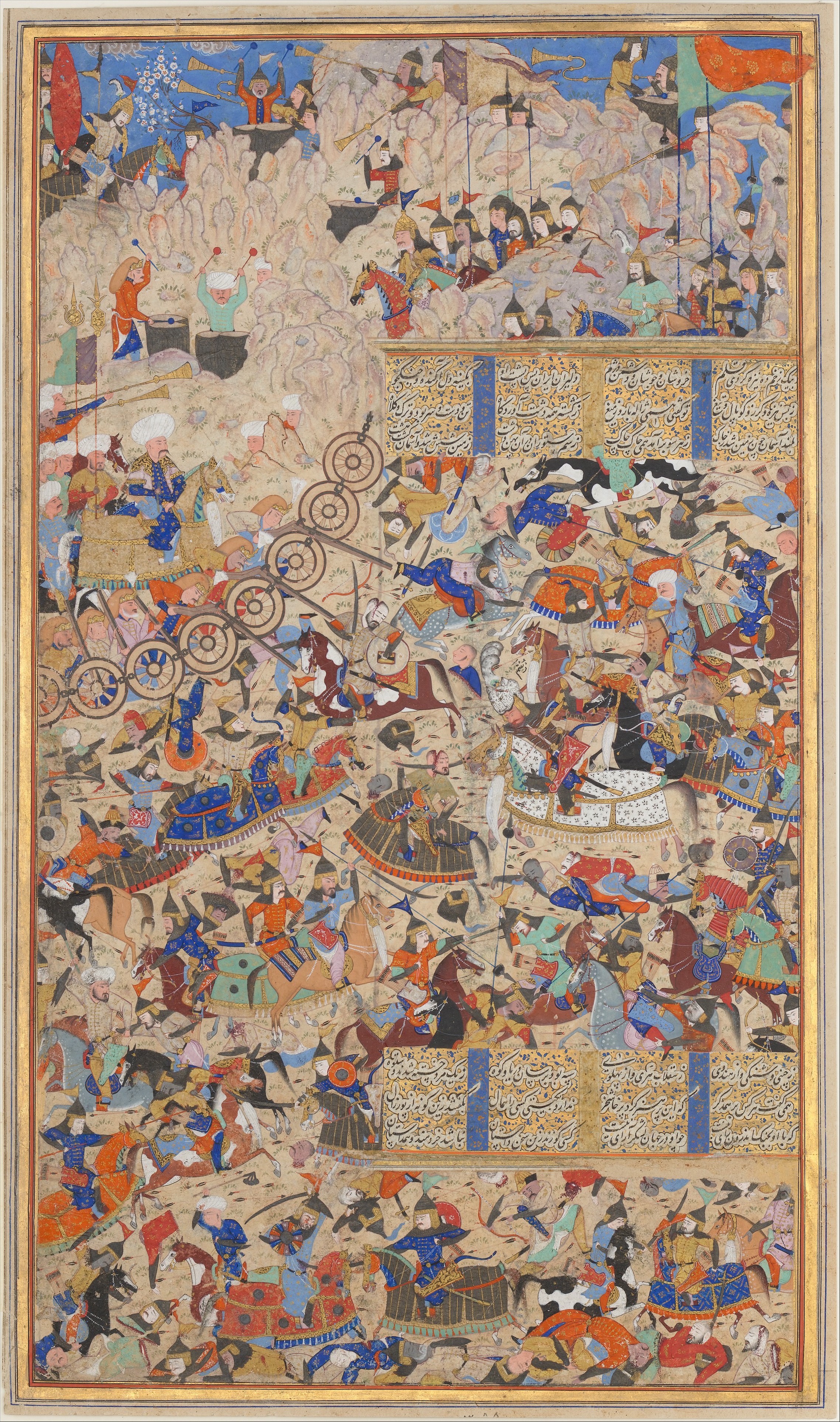 Battle Between Iranians and Turanians, illustration of the Book of Kings by Ferdawsi, cr. 1562–83, Shiraz, Persia