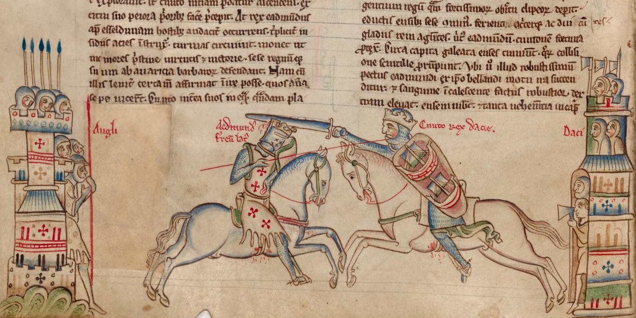 Edmund Ironside (left) and Cnut the Great at the battle of Assandun, 1016, illustration to Chronica Majora, 14th century, St. Albans, England