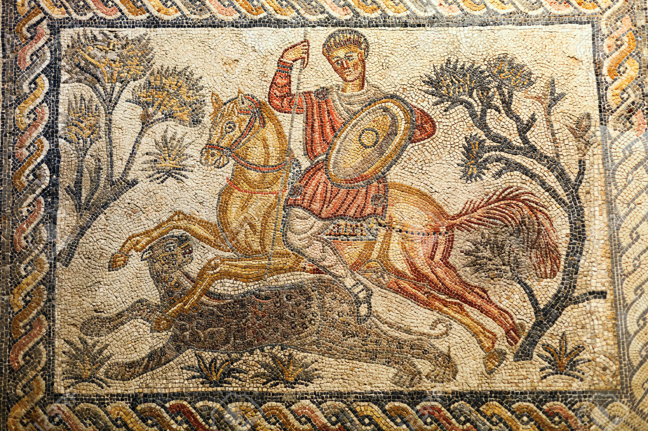 Mosaic with a panther hunting scene, 4th century, Villa de las Tiendas, Medina, Spain