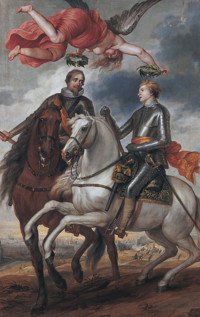 Frederik Hendrik and Maurits as generals, with the Battle of Flanders in the distance, 1650, Thomas Willeboirts Bosschaert, Flemish