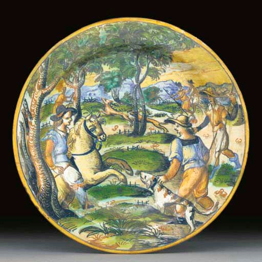 A maiolica plate showing a hunting scene, late 16th century, Urbino
