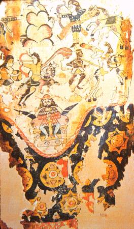 Egyptian woven pattern, copy of an imported Sassanid silk, which itself was based on a fresco of king Khosrau I fighting against the Ethiopian forces in Yemen, ?