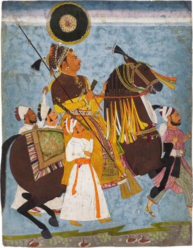Maharaja Abhai Singh of Jodhpur (r.1724-49) on horseback with attendants, 1724-49, Marwar, Rajasthan, India