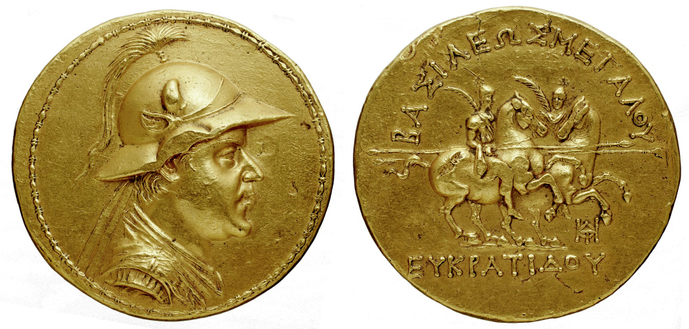 Gold 20-stater of Eucratides I, the largest gold coin ever minted in Antiquity (weight 169.2 grams, diameter of 58 millimetres), showing Dioscuri, cr. 171-145 BC, Bactrian (Hellenistic)