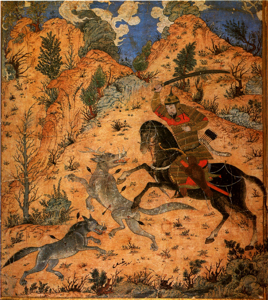 Isfandiyar fights with the Wolves, illustration to Shahnameh, cr. 1370, Tabriz, Persia