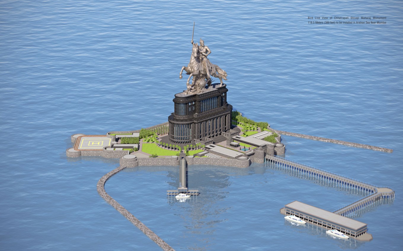 Equestrian statue of Chhatrapati Shivaji (digital rendering), to be completed in 2021 (?), Ram V. Sutar and Anil Sutar, Mumbai, India