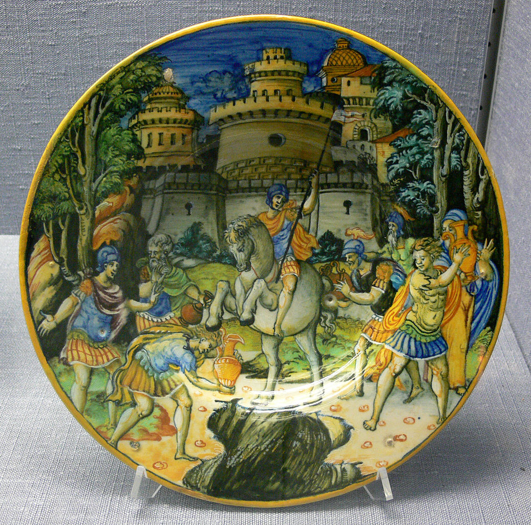 Plate depicting Marcus Curtius, cr. 1550, Urbino
