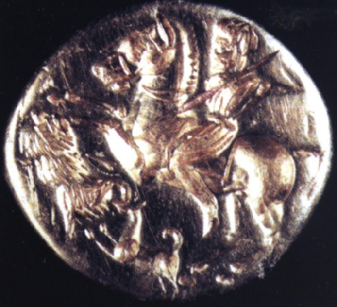 The bezel of the gold seal-ring showing boar-hunt on horseback, 5th-4th century BC, Peychova tumulus