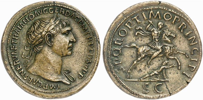 COMPARANDUM: Sestertius showing Trajan on horseback on reverse, minted in 105 AD under Trajan, Roman Empire