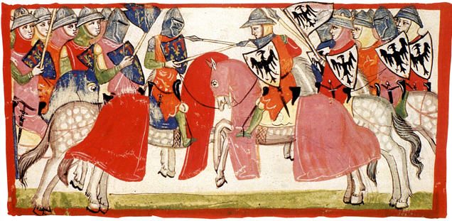 Nuova cronica illustration (Battle of Benevento, 1266), mid 14th century, Pacino di Buonaguida, Florence, Italy