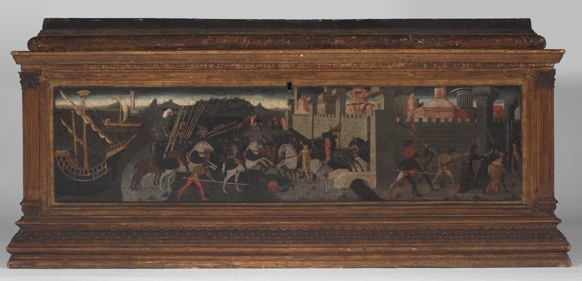 Cassone with painted front panel depicting the battle of Greeks and Amazons before the walls of Troy (detail), cr. 1460, Paolo Uccello, Florence, Italy