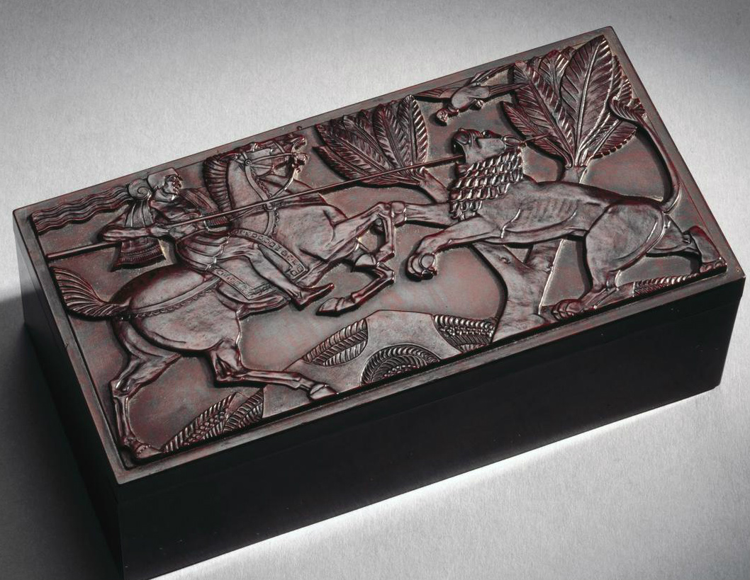 Bakelite cigarette box with a horseman spearing lion in Assyrian style, 1930's, Birkby's Ltd., England